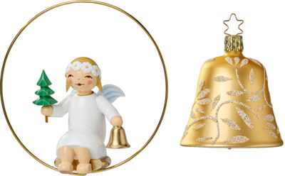 Angel in Ring w/Little Tree & GOLD Ingl-Glas Bell -3.0 +2.25"